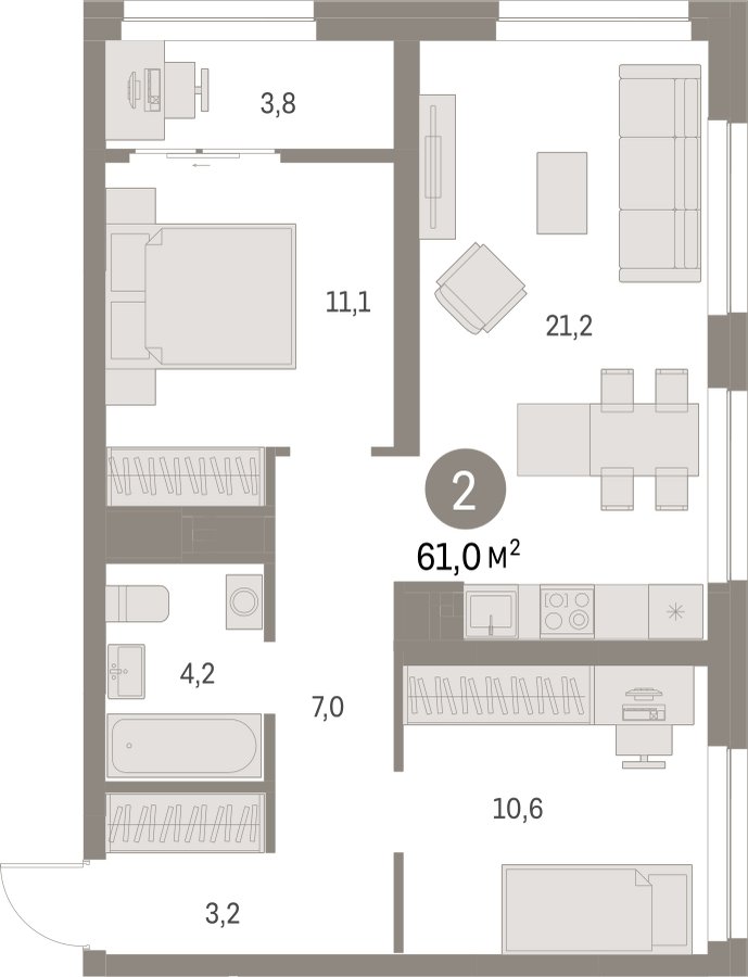 2-комнатная квартира с частичной отделкой, 60.96 м2, 8 этаж, сдача 1 квартал 2025 г., ЖК Первый квартал, корпус 5 - объявление 2334905 - фото №1