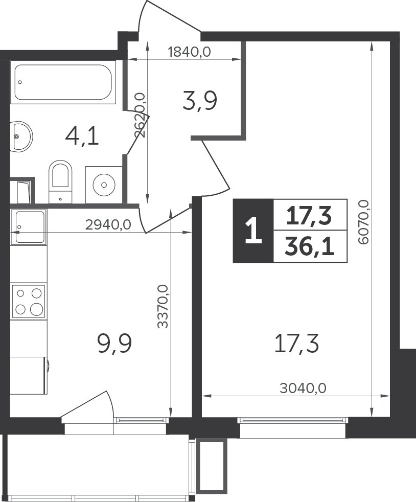 1-комнатная квартира с частичной отделкой, 36 м2, 10 этаж, дом сдан, ЖК Датский квартал, корпус 1 - объявление 2207595 - фото №1