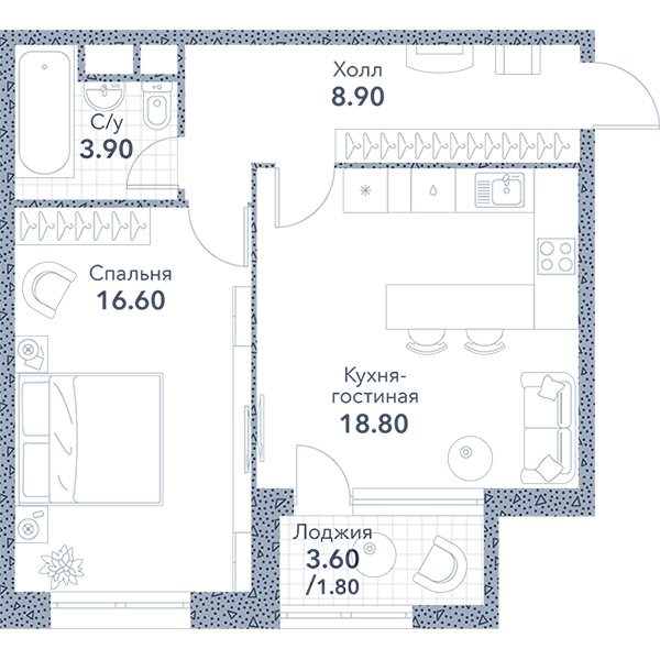 1-комнатная квартира без отделки, 50.3 м2, 14 этаж, сдача 3 квартал 2023 г., ЖК Серебряный фонтан, корпус 3 - объявление 1973660 - фото №1