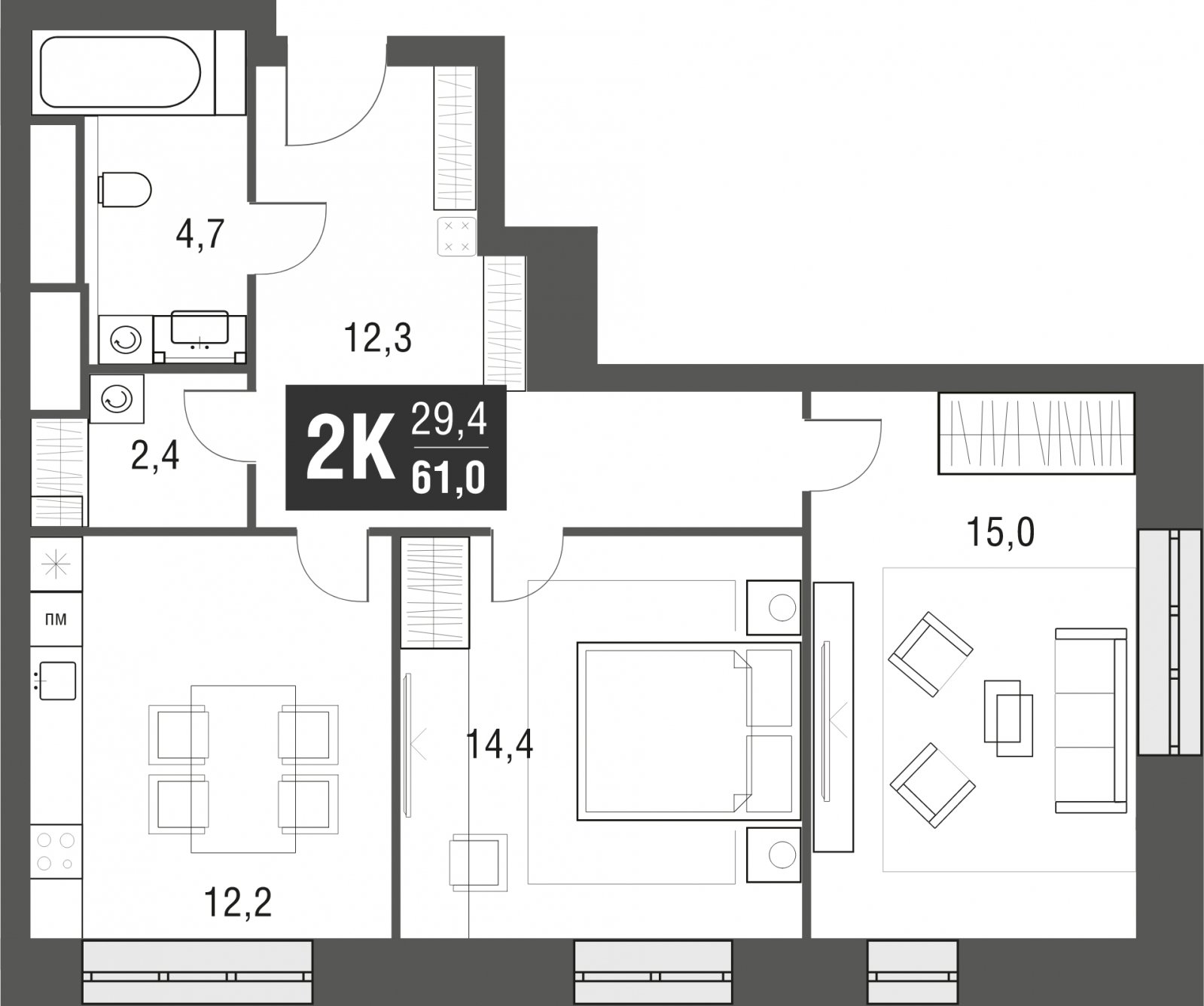 2-комнатная квартира с частичной отделкой, 61 м2, 23 этаж, сдача 2 квартал 2024 г., ЖК AFI Tower, корпус 1 - объявление 2036699 - фото №1