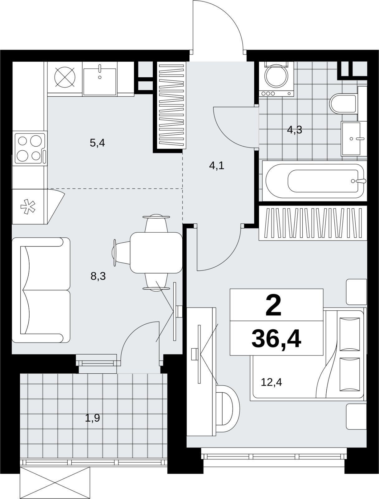 2-комнатная квартира (евро) без отделки, 36.4 м2, 3 этаж, сдача 4 квартал 2026 г., ЖК Скандинавия, корпус 2.18.2.6 - объявление 2351717 - фото №1