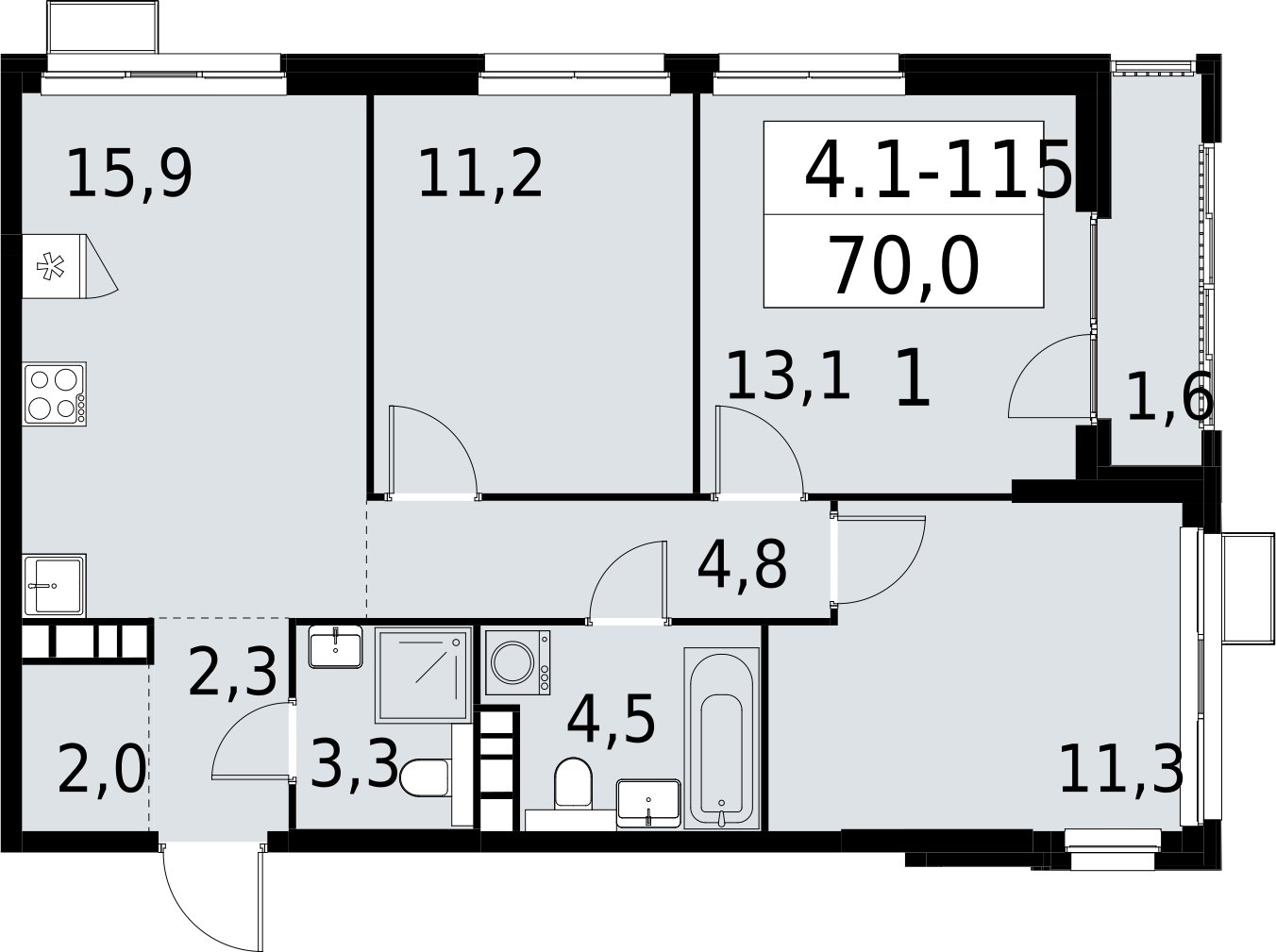 3-комнатная квартира с полной отделкой, 70 м2, 21 этаж, сдача 2 квартал 2027 г., ЖК Южные сады, корпус 4.1.1 - объявление 2392656 - фото №1