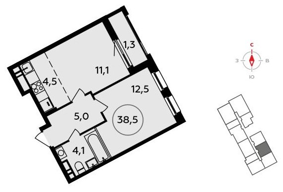 2-комнатная квартира (евро) без отделки, 38.5 м2, 11 этаж, сдача 3 квартал 2023 г., ЖК Прокшино, корпус 4.3 - объявление 1498161 - фото №1