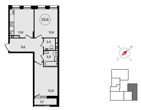 2-комнатная квартира без отделки, 53.6 м2, 8 этаж, сдача 3 квартал 2023 г., ЖК Прокшино, корпус 4.6 - объявление 1771917 - фото №1