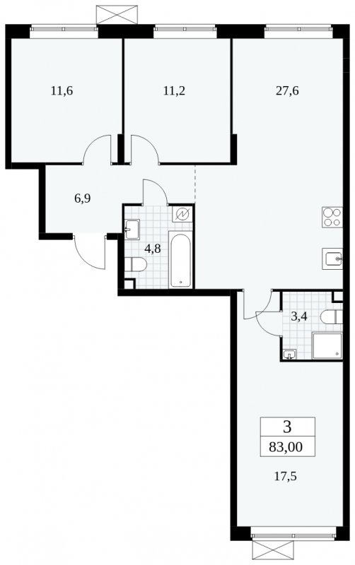 3-комнатная квартира без отделки, 83 м2, 2 этаж, сдача 1 квартал 2025 г., ЖК Прокшино, корпус 5.2.3 - объявление 1751288 - фото №1