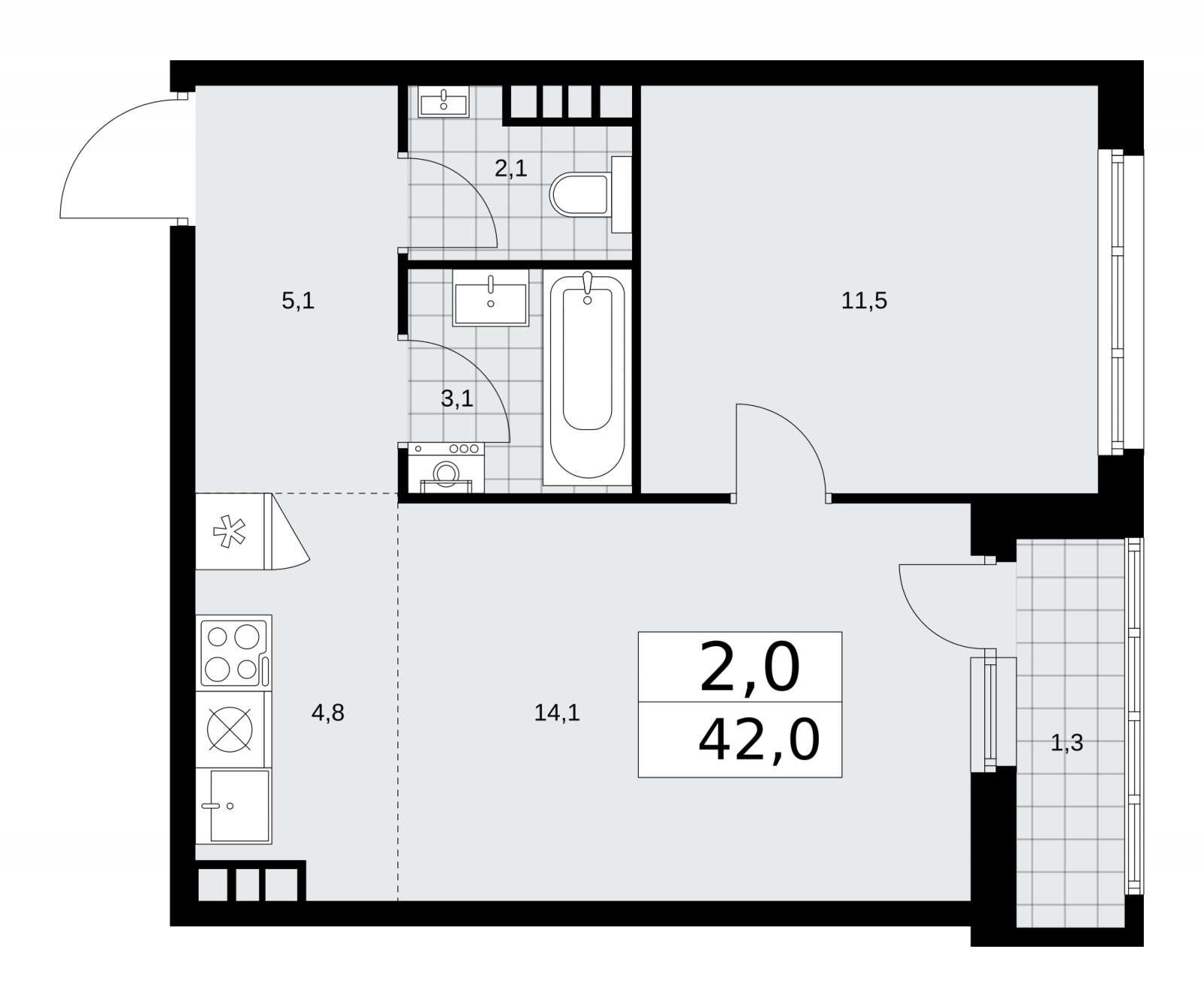 2-комнатная квартира (евро) с частичной отделкой, 42 м2, 9 этаж, сдача 2 квартал 2026 г., ЖК Дзен-кварталы, корпус 3.4 - объявление 2242305 - фото №1