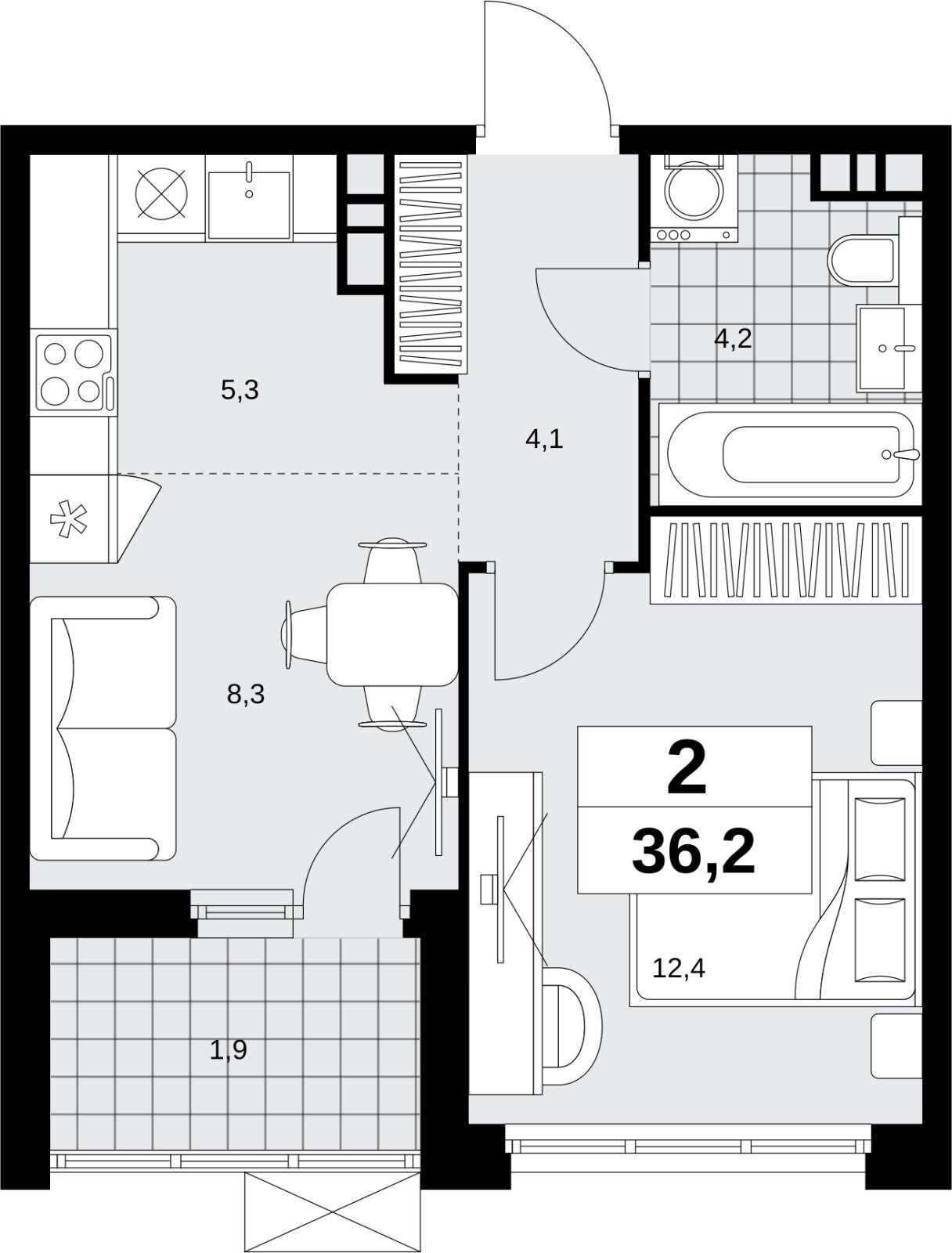 2-комнатная квартира (евро) без отделки, 36.2 м2, 12 этаж, сдача 4 квартал 2026 г., ЖК Скандинавия, корпус 2.18.2.6 - объявление 2351807 - фото №1