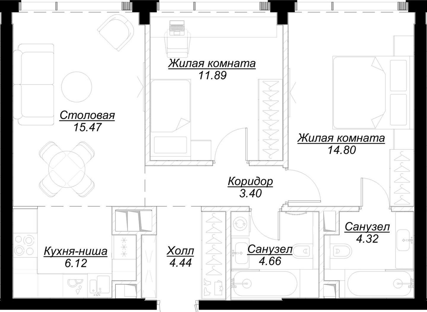 2-комнатная квартира с частичной отделкой, 64.95 м2, 44 этаж, сдача 4 квартал 2024 г., ЖК MOD, корпус Mann - объявление 2191582 - фото №1