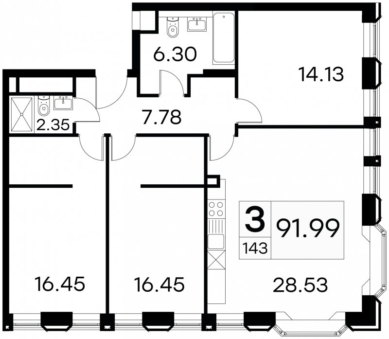 3-комнатные апартаменты с частичной отделкой, 91.99 м2, 13 этаж, сдача 3 квартал 2024 г., ЖК GloraX Aura Белорусская, корпус 1 - объявление 1708607 - фото №1