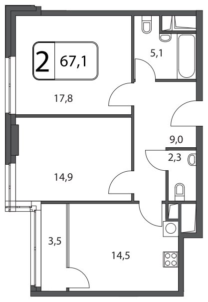 2-комнатная квартира без отделки, 67.1 м2, 4 этаж, дом сдан, ЖК Апарт-Комплекс Волга, корпус 1 - объявление 1569094 - фото №1