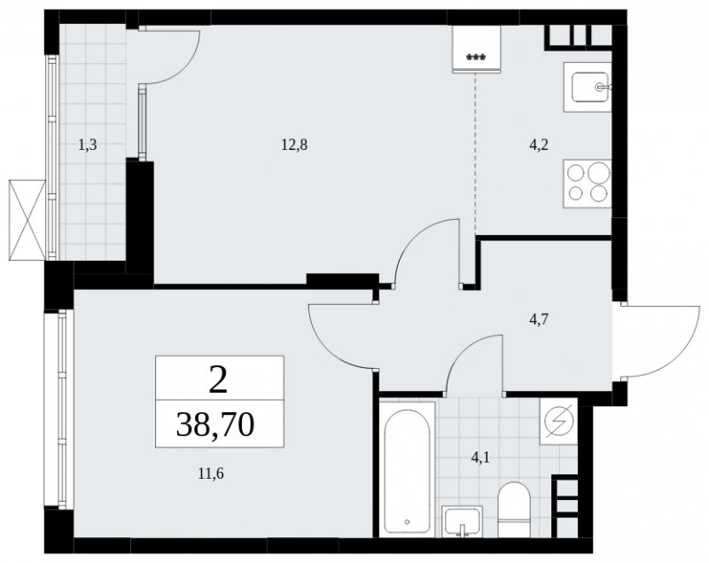 2-комнатная квартира (евро) с частичной отделкой, 38.7 м2, 4 этаж, сдача 3 квартал 2025 г., ЖК Дзен-кварталы, корпус 2.2 - объявление 1932381 - фото №1