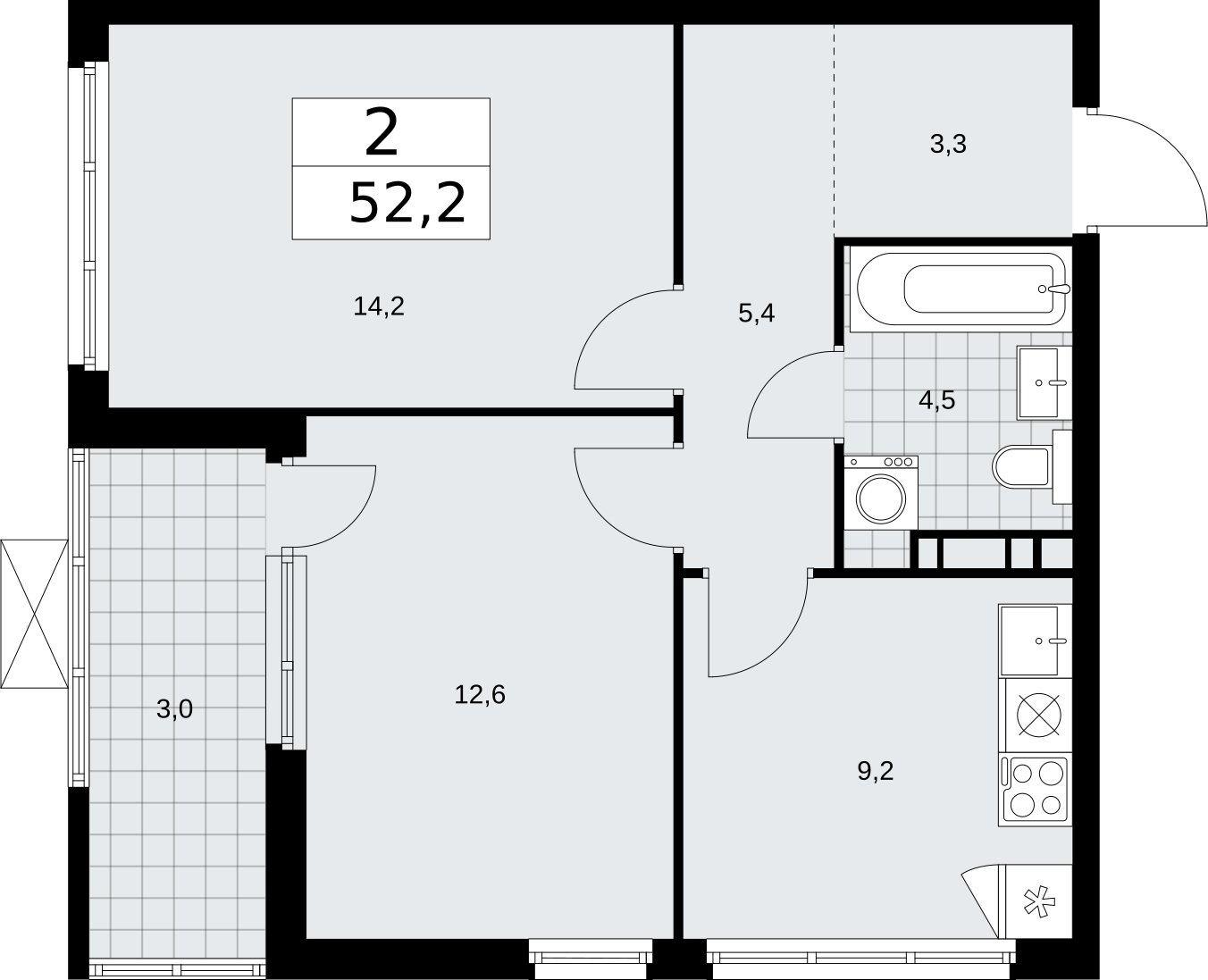 2-комнатная квартира без отделки, 52.2 м2, 14 этаж, сдача 2 квартал 2026 г., ЖК Бунинские кварталы, корпус 5.3 - объявление 2297617 - фото №1