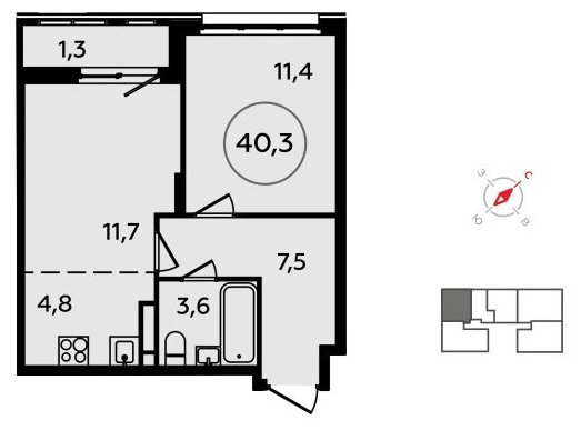 2-комнатная квартира (евро) без отделки, 40.3 м2, 10 этаж, сдача 4 квартал 2023 г., ЖК Скандинавия, корпус 15 - объявление 1517181 - фото №1