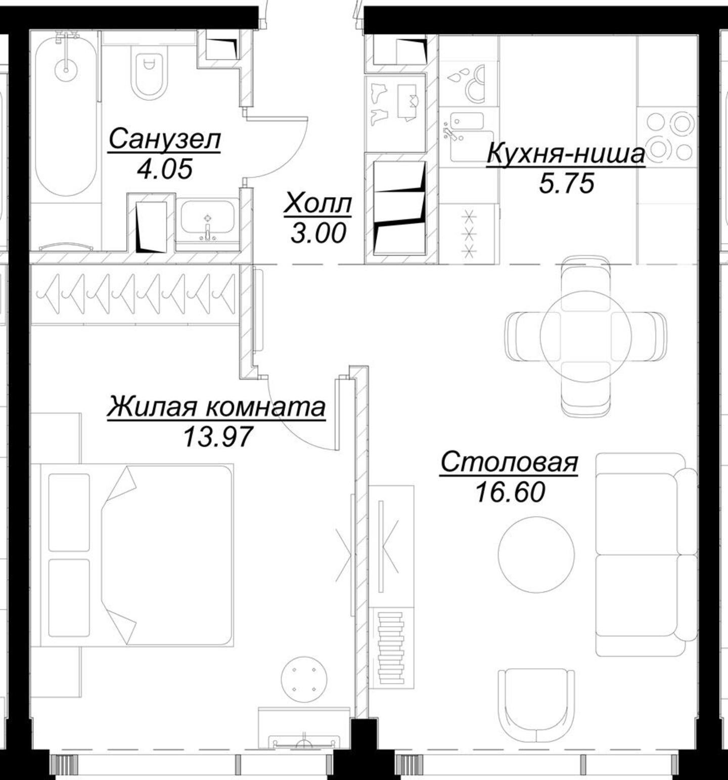 1-комнатная квартира с частичной отделкой, 43.28 м2, 46 этаж, сдача 4 квартал 2024 г., ЖК MOD, корпус Dreiser - объявление 2191453 - фото №1