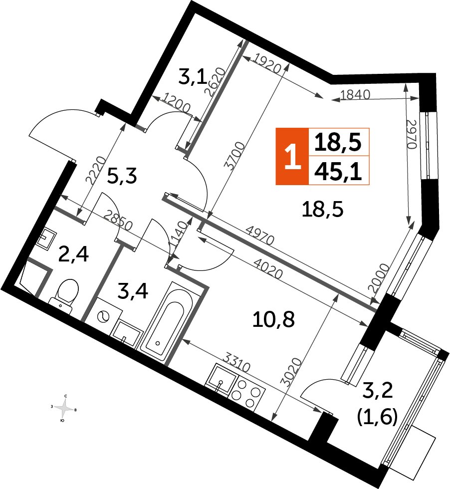 1-комнатная квартира без отделки, 45.3 м2, 1 этаж, дом сдан, ЖК UP-квартал Римский, корпус 7 - объявление 2359915 - фото №1