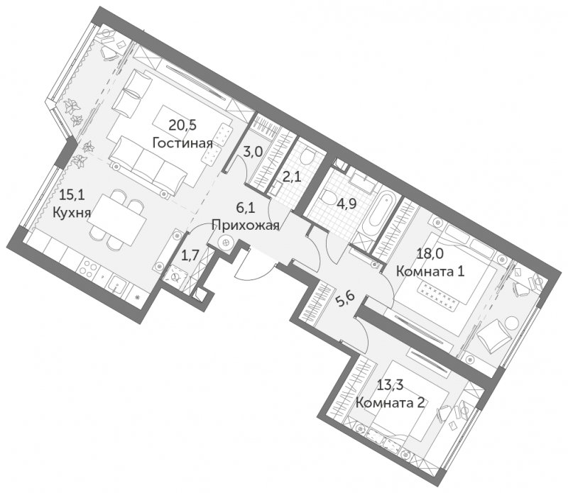 3-комнатная квартира с частичной отделкой, 90.3 м2, 46 этаж, сдача 4 квартал 2023 г., ЖК Архитектор, корпус 1 - объявление 1455272 - фото №1