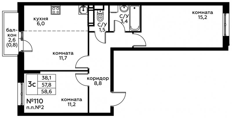 3-комнатная квартира с полной отделкой, 58.6 м2, 12 этаж, сдача 2 квартал 2022 г., ЖК Южное Бунино, корпус 12 - объявление 1500152 - фото №1