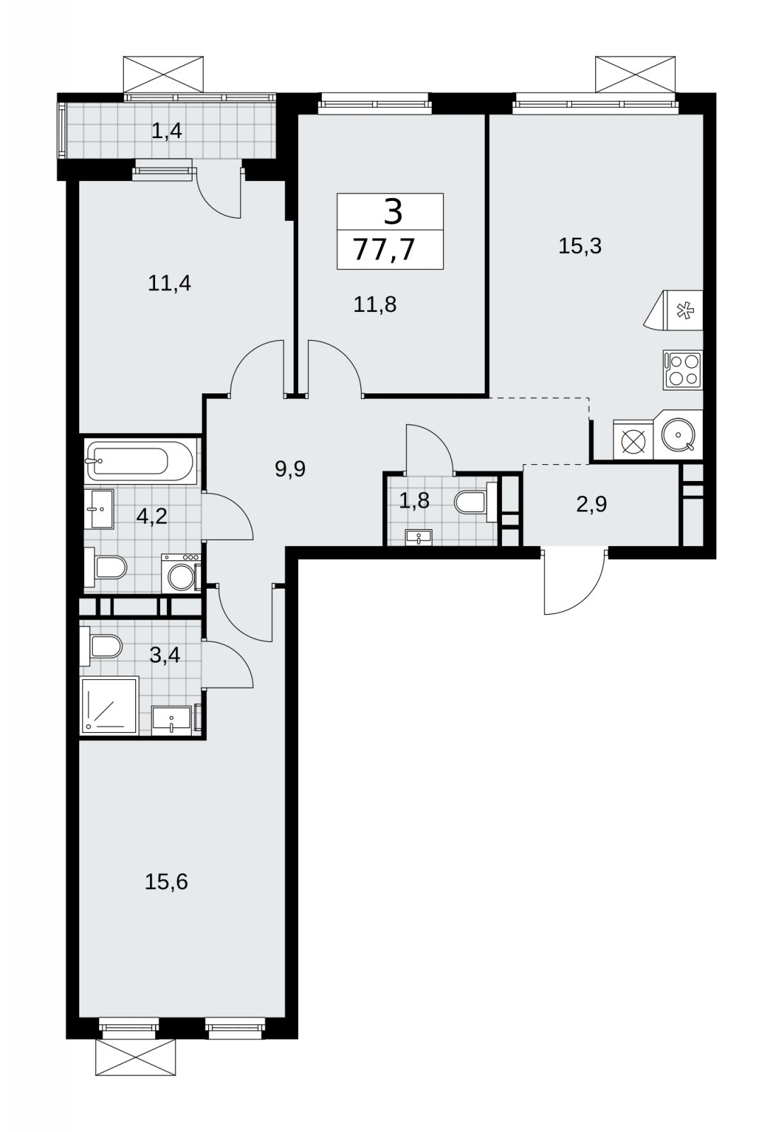 3-комнатная квартира без отделки, 77.7 м2, 11 этаж, сдача 4 квартал 2025 г., ЖК Прокшино, корпус 11.1.4 - объявление 2257623 - фото №1