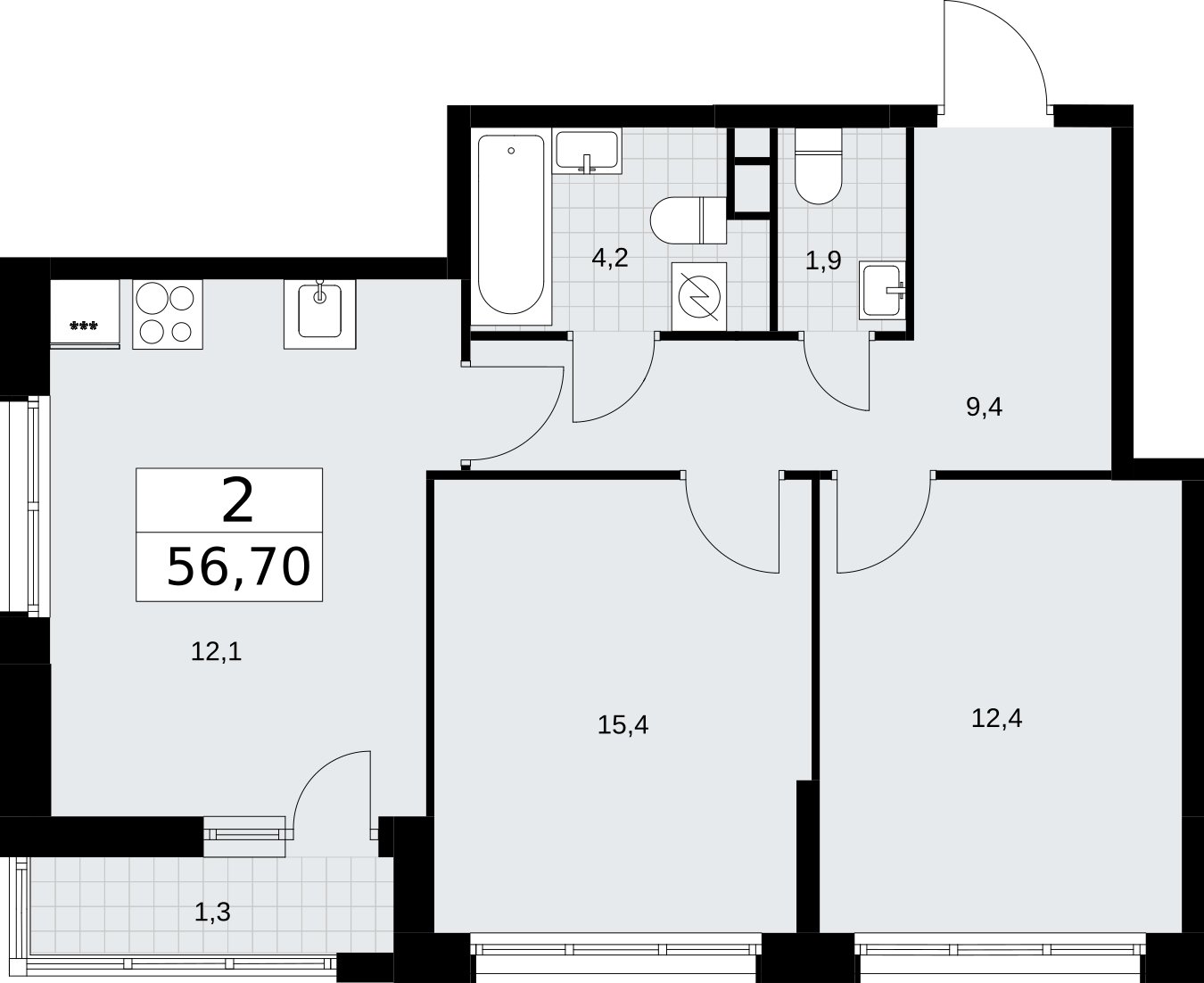 2-комнатная квартира без отделки, 56.7 м2, 3 этаж, сдача 3 квартал 2026 г., ЖК Родные кварталы, корпус 3.1 - объявление 2378317 - фото №1