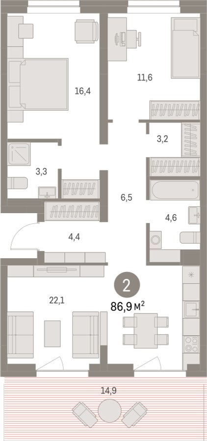 2-комнатная квартира с частичной отделкой, 86.92 м2, 1 этаж, сдача 1 квартал 2025 г., ЖК Первый квартал, корпус 5 - объявление 2310660 - фото №1