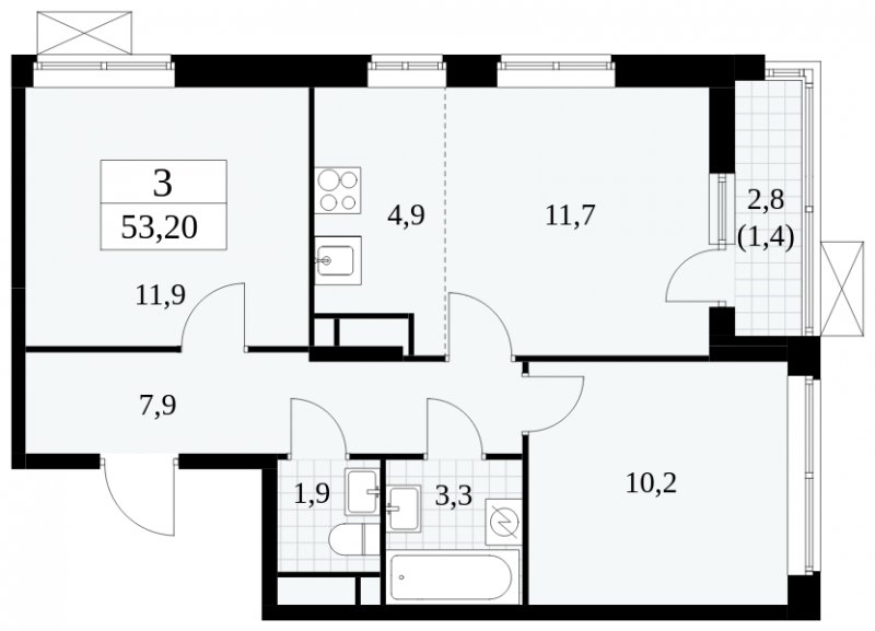 3-комнатная квартира (евро) без отделки, 53.2 м2, 11 этаж, сдача 1 квартал 2025 г., ЖК Прокшино, корпус 5.1.3 - объявление 1810910 - фото №1
