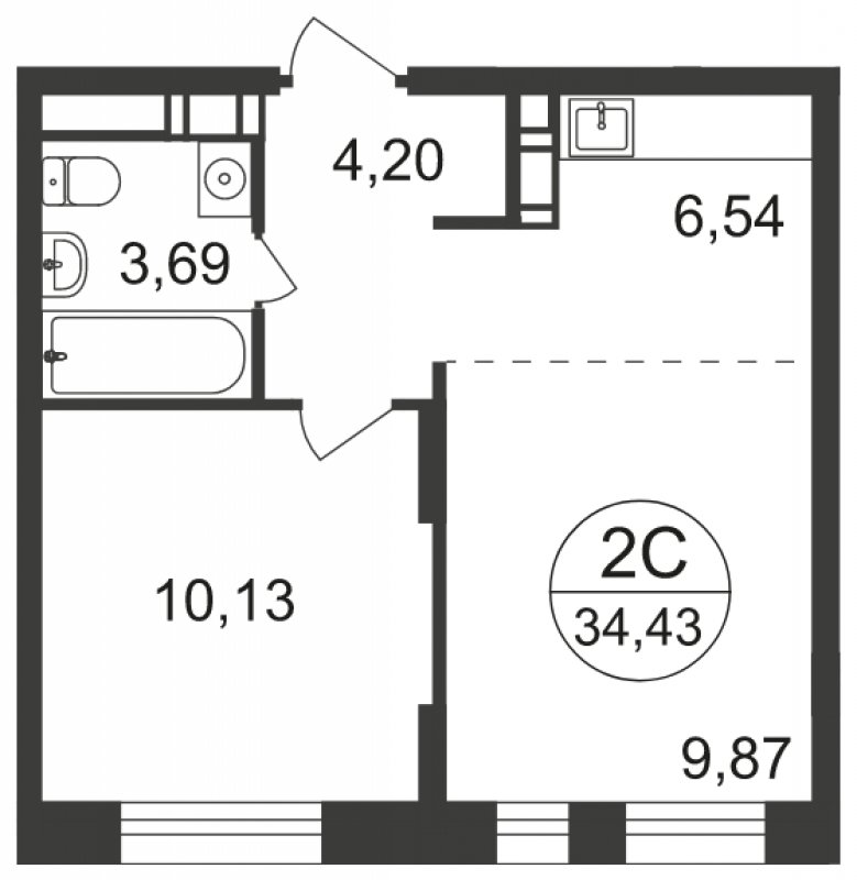 2-комнатная квартира с полной отделкой, 34.43 м2, 3 этаж, сдача 3 квартал 2023 г., ЖК Люберцы, корпус 66 - объявление 1682306 - фото №1