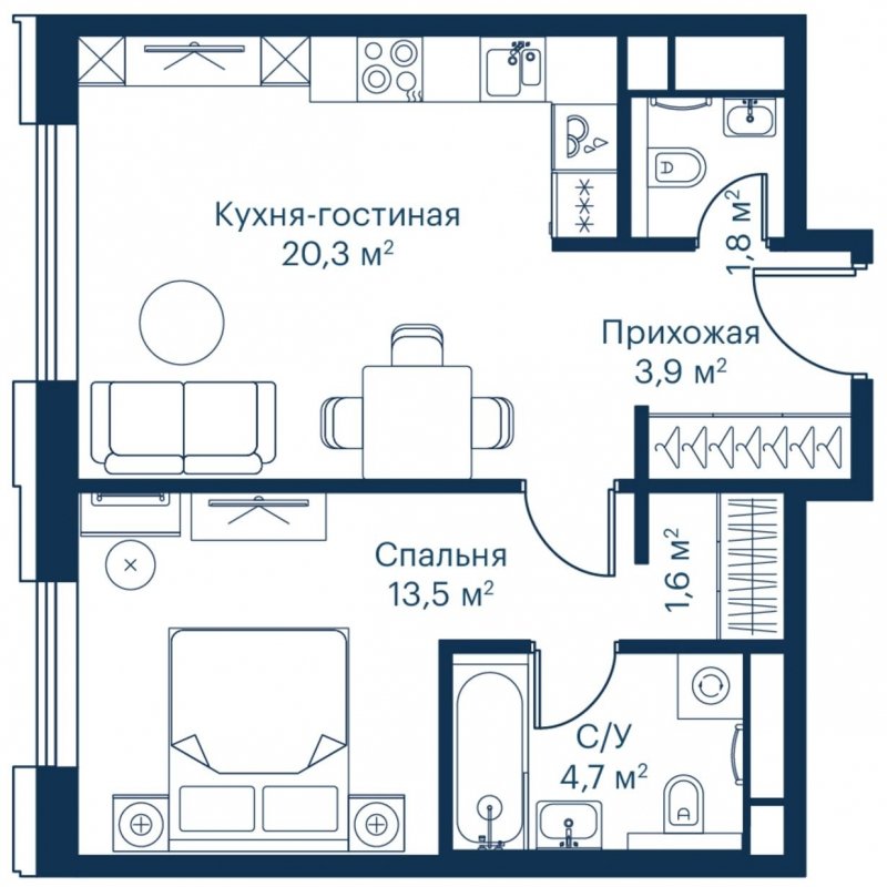 1-комнатная квартира с частичной отделкой, 45.63 м2, 12 этаж, сдача 2 квартал 2023 г., ЖК City Bay, корпус Indian Ocean 7 - объявление 1713059 - фото №1