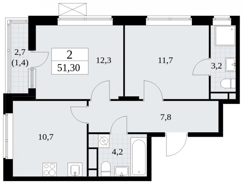 2-комнатная квартира без отделки, 51.3 м2, 5 этаж, сдача 1 квартал 2025 г., ЖК Прокшино, корпус 5.1.4 - объявление 1811089 - фото №1