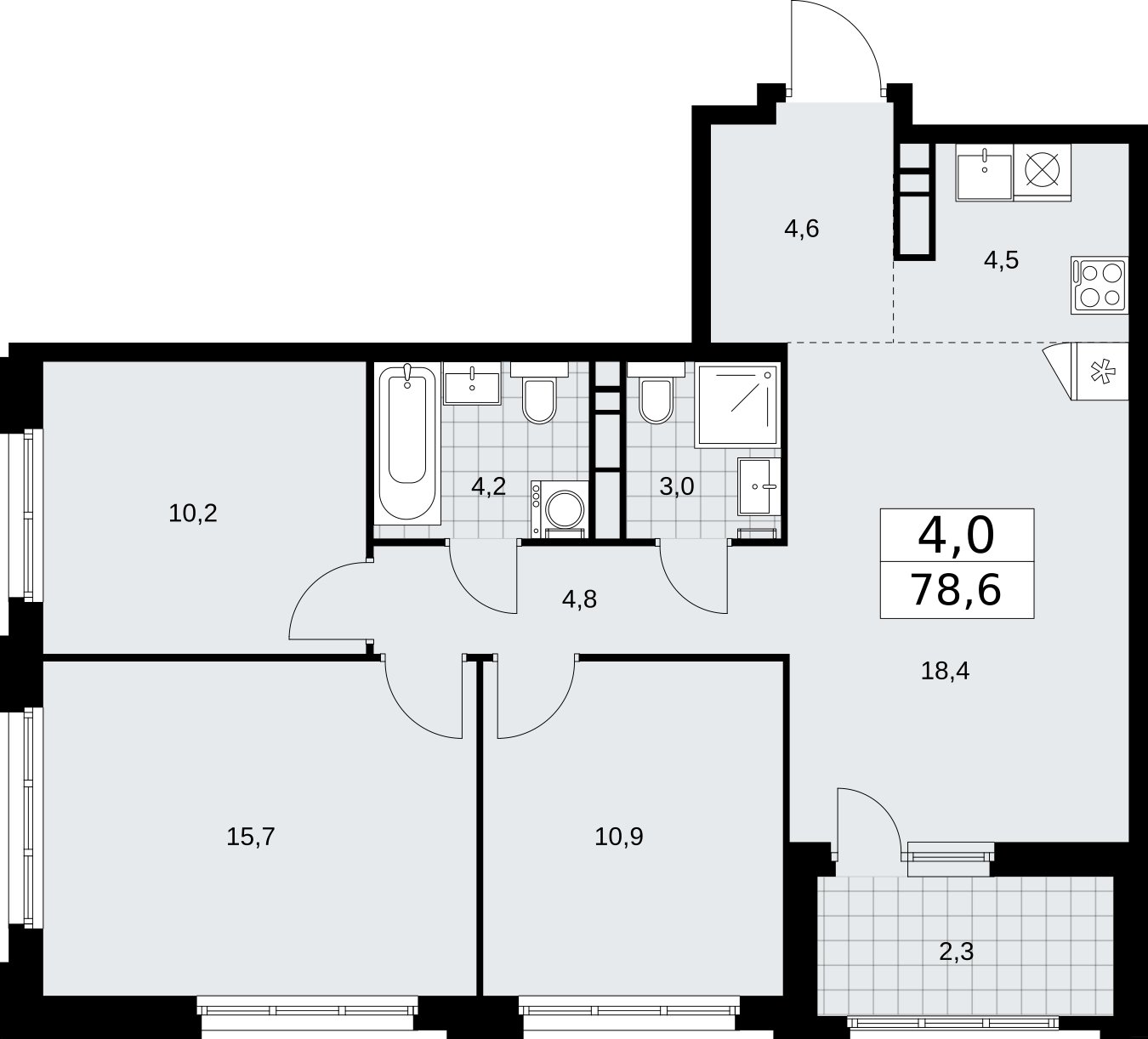 4-комнатная квартира (евро) с частичной отделкой, 78.6 м2, 9 этаж, сдача 2 квартал 2026 г., ЖК Дзен-кварталы, корпус 3.3 - объявление 2400288 - фото №1