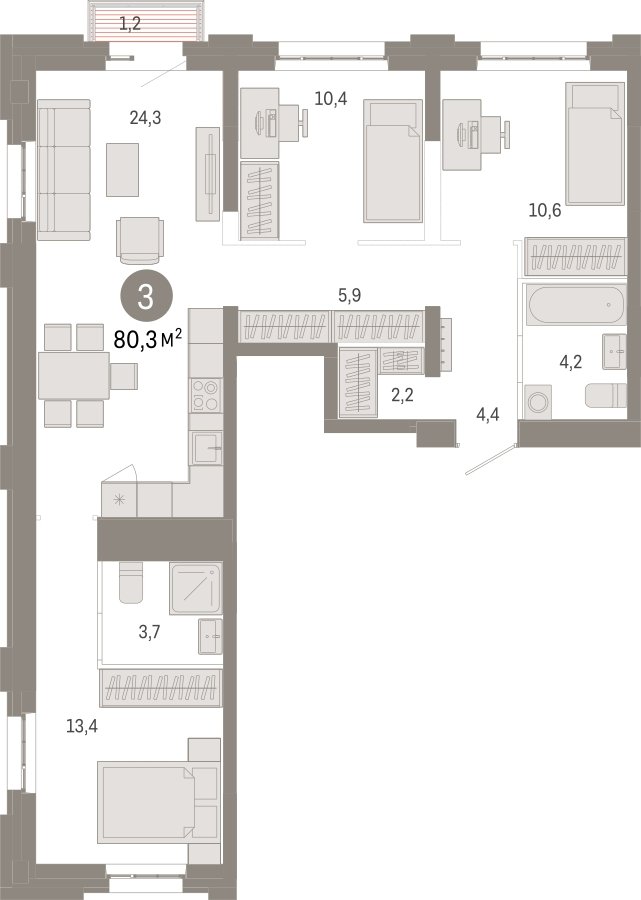 3-комнатная квартира с частичной отделкой, 80.3 м2, 6 этаж, сдача 3 квартал 2026 г., ЖК Квартал Метроном, корпус 1 - объявление 2330989 - фото №1