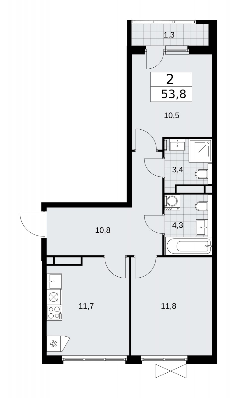 2-комнатная квартира без отделки, 53.8 м2, 11 этаж, сдача 1 квартал 2026 г., ЖК Прокшино, корпус 11.2.1 - объявление 2269968 - фото №1