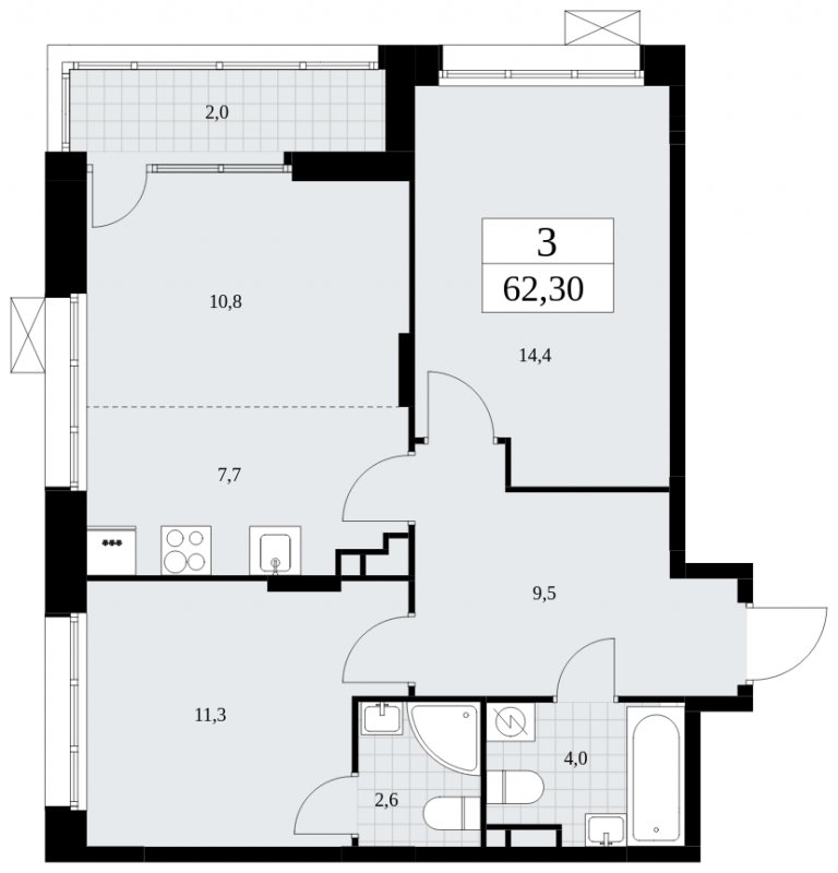 3-комнатная квартира (евро) с полной отделкой, 62.3 м2, 4 этаж, сдача 2 квартал 2025 г., ЖК Бунинские кварталы, корпус 1.1 - объявление 1834193 - фото №1