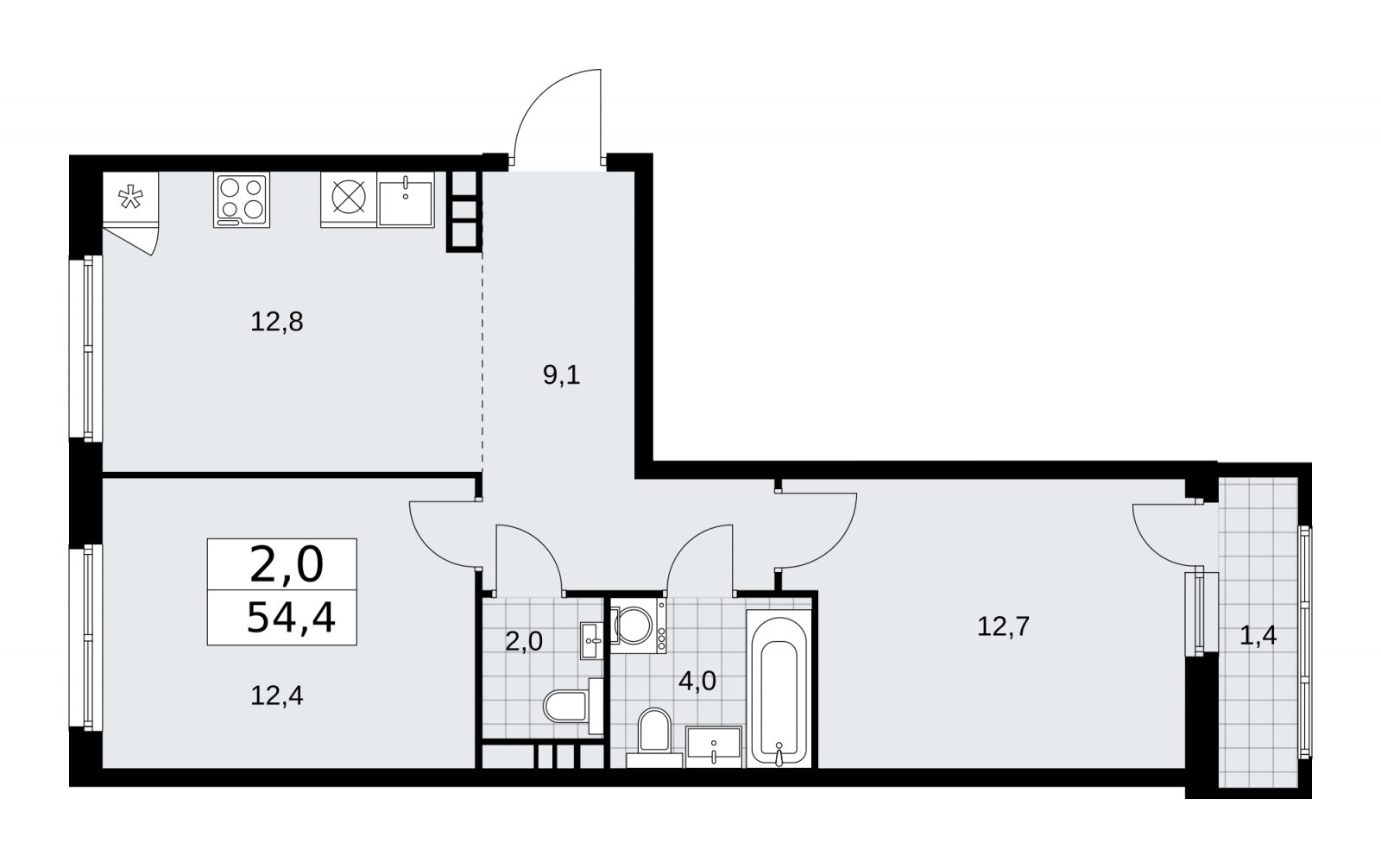 2-комнатная квартира без отделки, 54.4 м2, 9 этаж, сдача 1 квартал 2026 г., ЖК Дзен-кварталы, корпус 3.2 - объявление 2241448 - фото №1