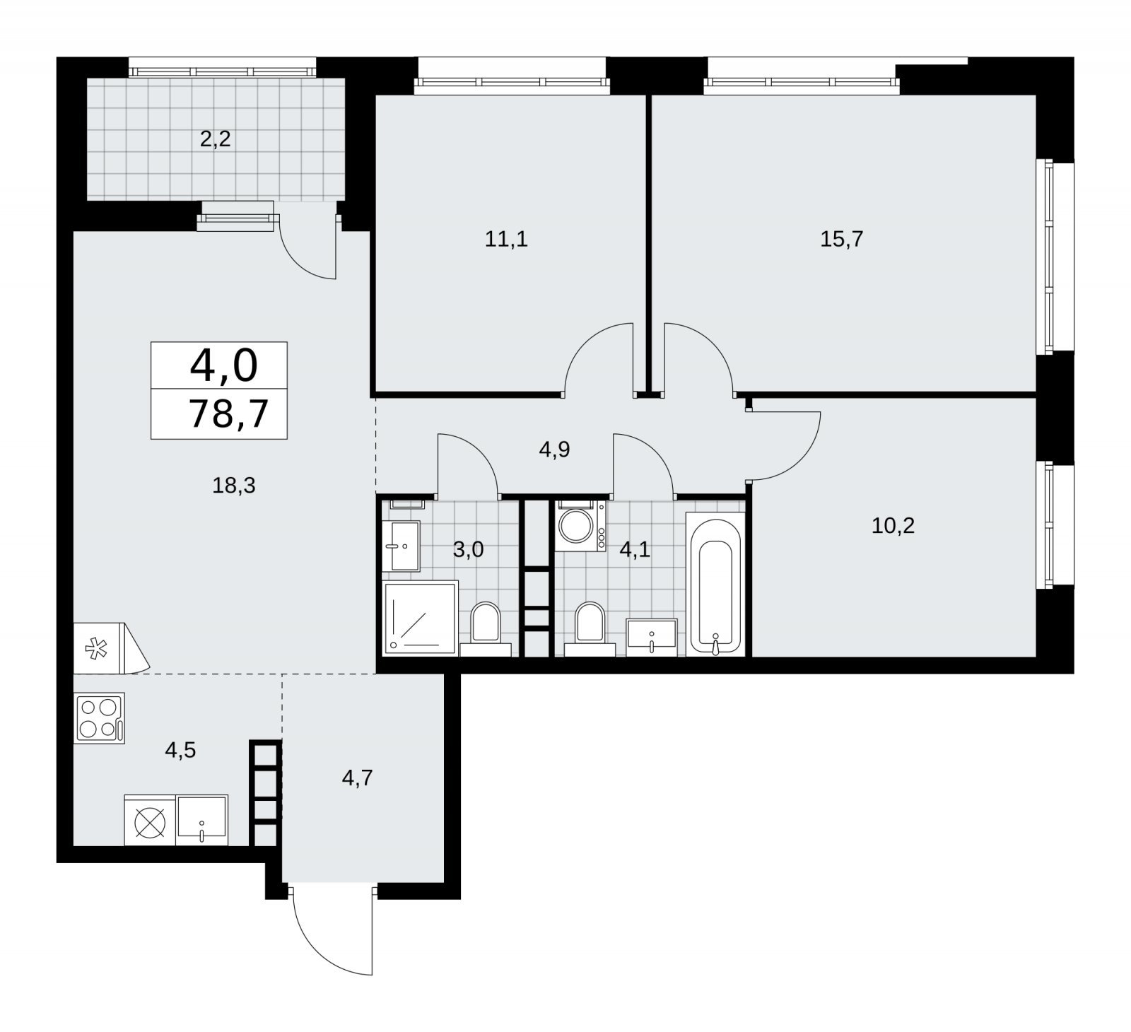 4-комнатная квартира (евро) без отделки, 78.7 м2, 18 этаж, сдача 1 квартал 2026 г., ЖК Дзен-кварталы, корпус 3.1 - объявление 2241000 - фото №1