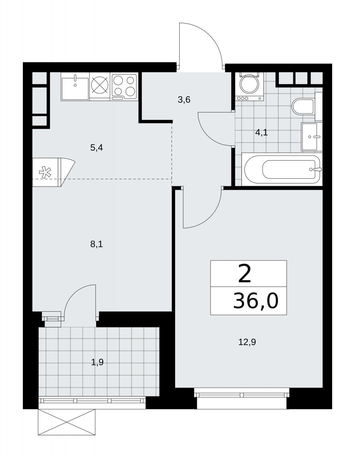 2-комнатная квартира (евро) с частичной отделкой, 36 м2, 9 этаж, сдача 2 квартал 2026 г., ЖК Скандинавия, корпус 25.2 - объявление 2283529 - фото №1