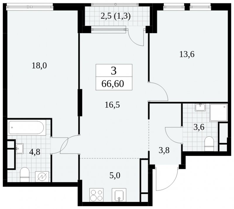 3-комнатная квартира (евро) без отделки, 66.6 м2, 25 этаж, сдача 2 квартал 2025 г., ЖК Южные сады, корпус 2.3 - объявление 1758268 - фото №1