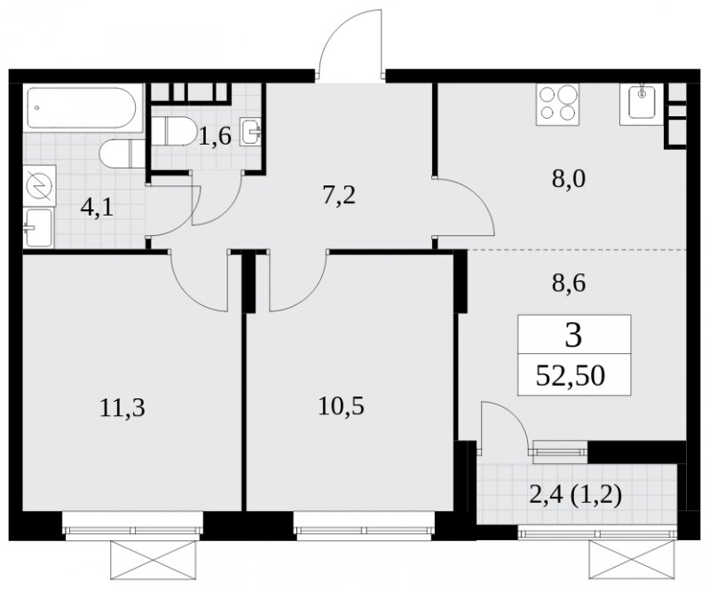 3-комнатная квартира (евро) с частичной отделкой, 52.5 м2, 16 этаж, сдача 2 квартал 2025 г., ЖК Прокшино, корпус 5.2.6 - объявление 1901146 - фото №1