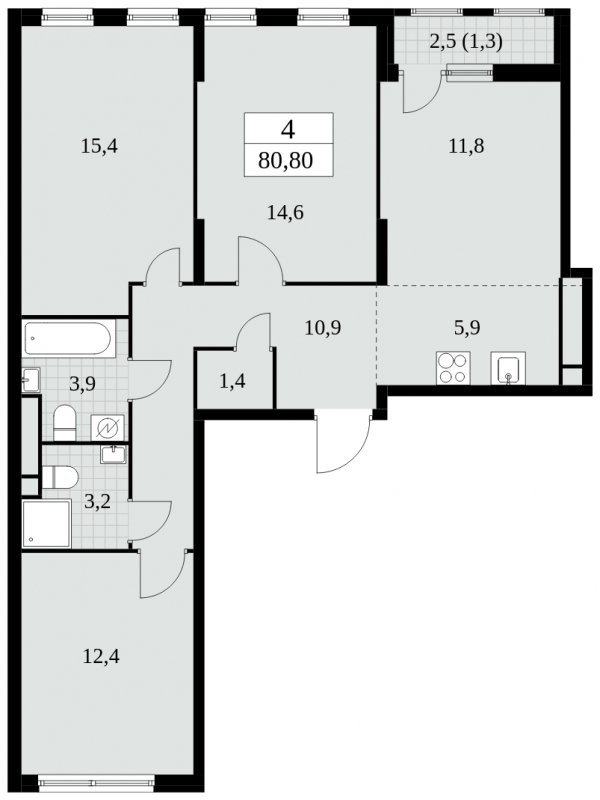 4-комнатная квартира (евро) без отделки, 80.8 м2, 10 этаж, сдача 2 квартал 2025 г., ЖК Южные сады, корпус 2.3 - объявление 1758077 - фото №1