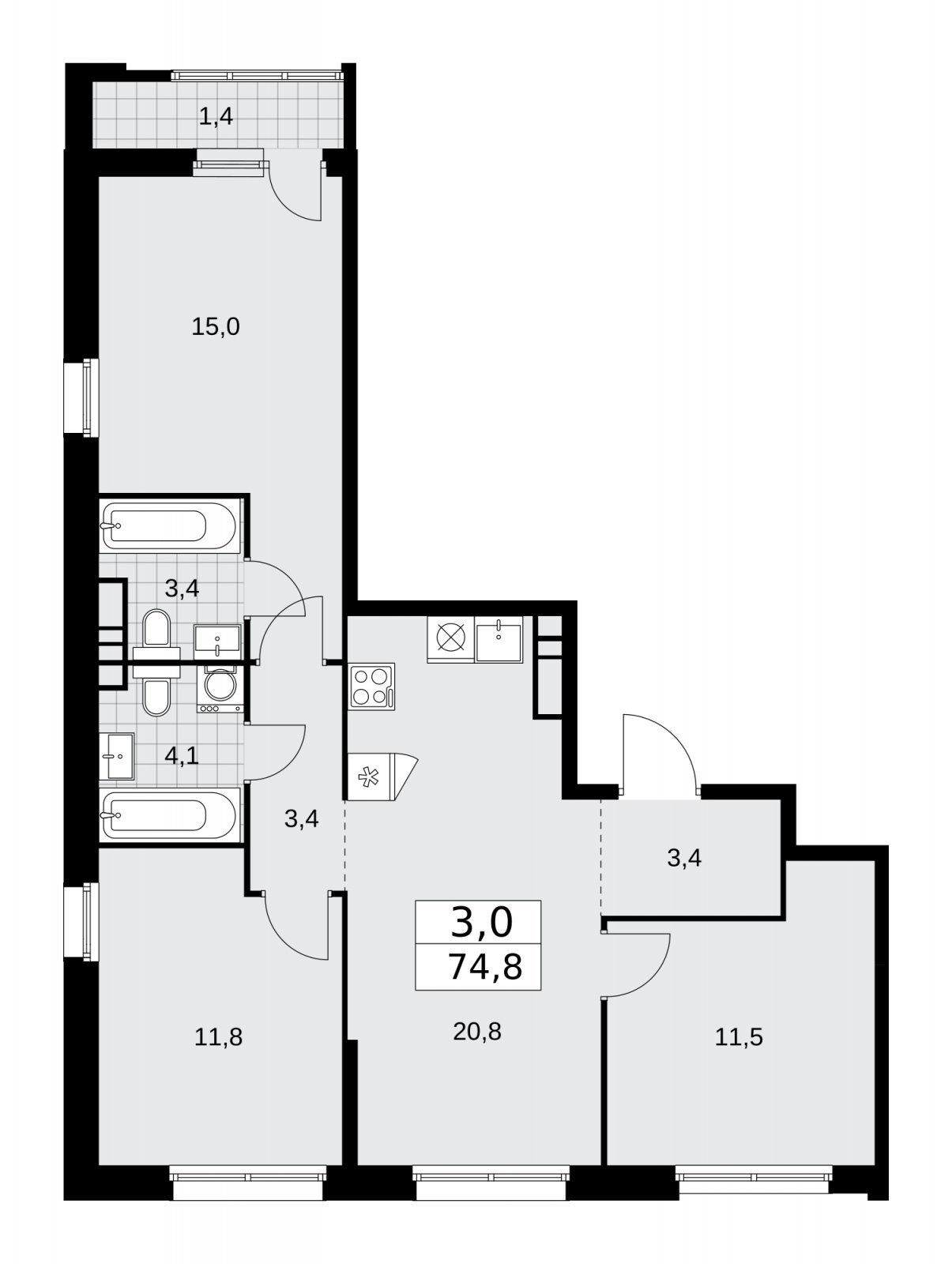 3-комнатная квартира без отделки, 74.8 м2, 11 этаж, сдача 1 квартал 2026 г., ЖК Дзен-кварталы, корпус 3.2 - объявление 2241751 - фото №1