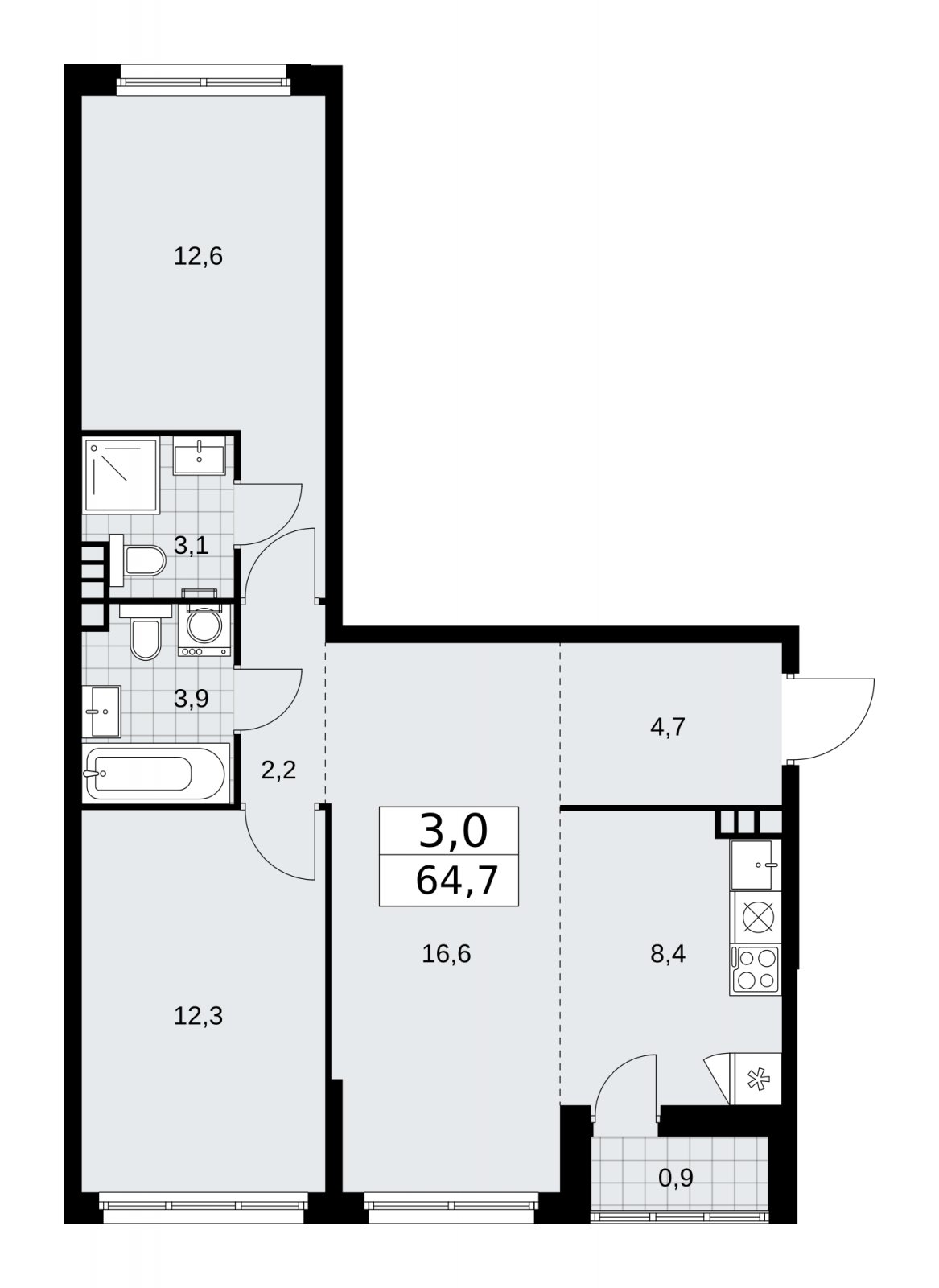 3-комнатная квартира (евро) с частичной отделкой, 64.7 м2, 5 этаж, сдача 2 квартал 2026 г., ЖК Дзен-кварталы, корпус 3.4 - объявление 2242056 - фото №1