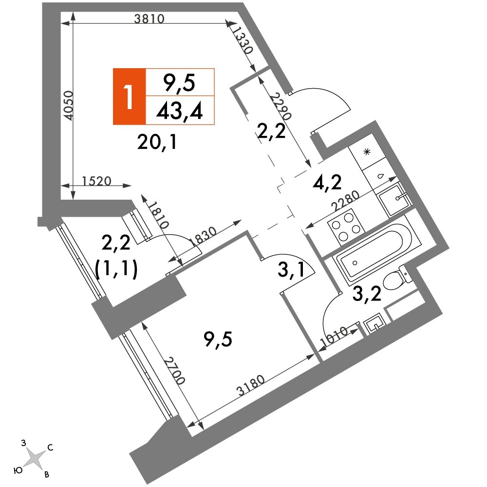 1-комнатная квартира без отделки, 43.4 м2, 31 этаж, сдача 4 квартал 2023 г., ЖК Архитектор, корпус 3 - объявление 2260208 - фото №1
