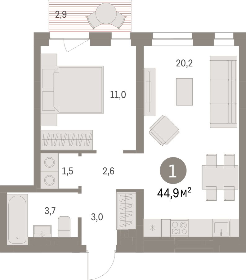 1-комнатная квартира с частичной отделкой, 44.91 м2, 6 этаж, сдача 1 квартал 2025 г., ЖК Первый квартал, корпус Дом 5 - объявление 2281530 - фото №1