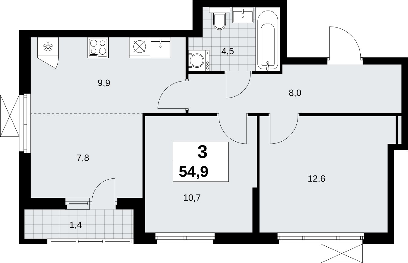 3-комнатная квартира (евро) без отделки, 54.9 м2, 7 этаж, сдача 2 квартал 2026 г., ЖК Дзен-кварталы, корпус 6.1.1 - объявление 2326967 - фото №1