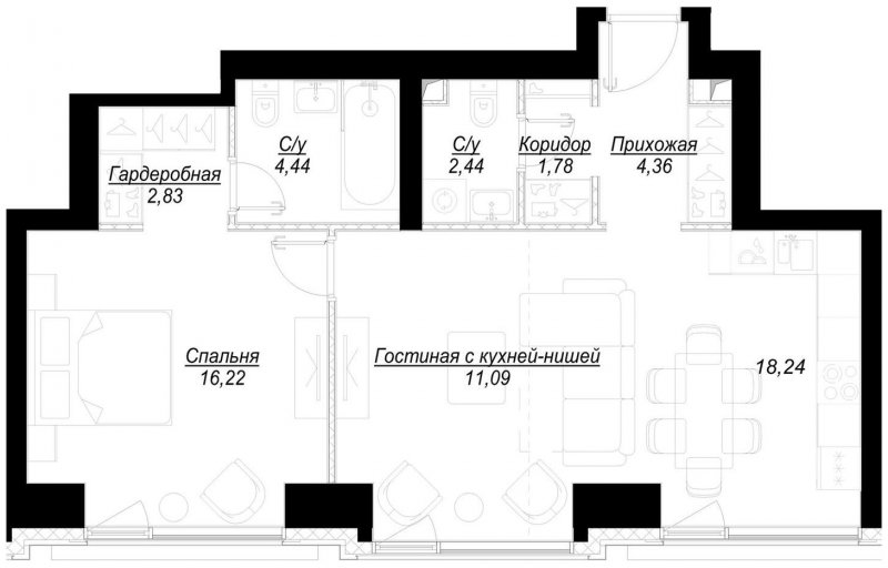 1-комнатная квартира с частичной отделкой, 61.4 м2, 3 этаж, сдача 1 квартал 2023 г., ЖК Hide, корпус RiverSide - объявление 1707071 - фото №1