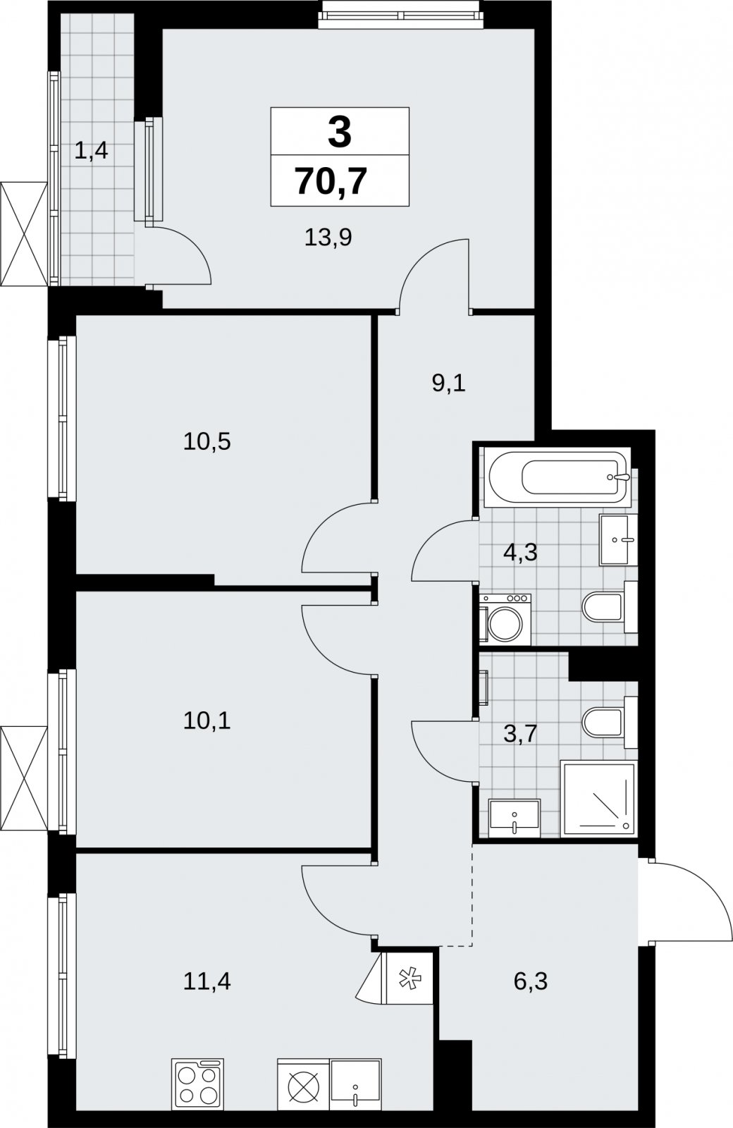 3-комнатная квартира без отделки, 70.7 м2, 5 этаж, сдача 1 квартал 2026 г., ЖК Дзен-кварталы, корпус 6.2.1 - объявление 2328469 - фото №1
