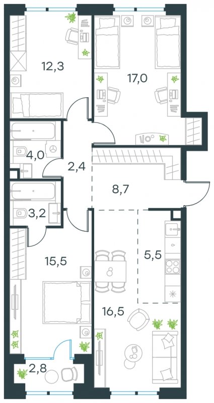 4-комнатная квартира (евро) без отделки, 86.5 м2, 8 этаж, сдача 4 квартал 2024 г., ЖК Level Мичуринский, корпус 6 - объявление 1644415 - фото №1