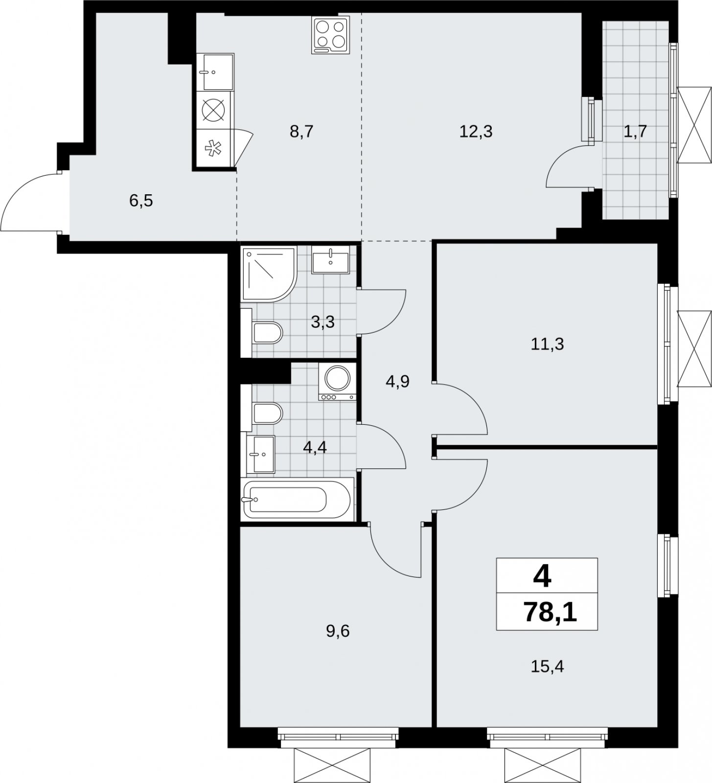 4-комнатная квартира (евро) с полной отделкой, 78.1 м2, 5 этаж, сдача 2 квартал 2026 г., ЖК Бунинские кварталы, корпус 9.3 - объявление 2324334 - фото №1