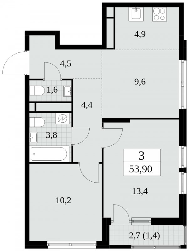 3-комнатная квартира (евро) без отделки, 53.8 м2, 11 этаж, сдача 2 квартал 2025 г., ЖК Южные сады, корпус 2.3 - объявление 1758079 - фото №1