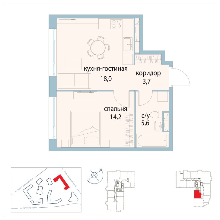 1-комнатная квартира без отделки, 41.5 м2, 19 этаж, сдача 3 квартал 2025 г., ЖК Символ, корпус 31 (квартал "Вдохновение") - объявление 1763441 - фото №1