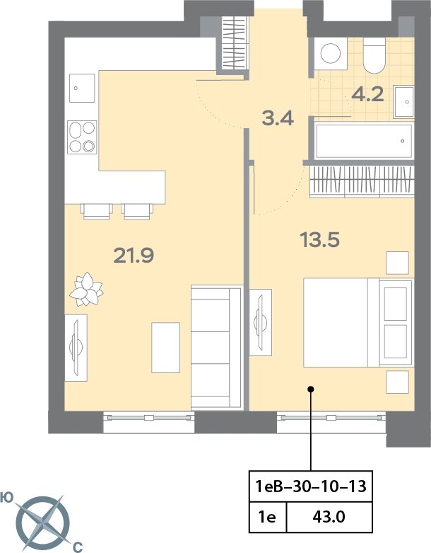 1-комнатная квартира с полной отделкой, 43 м2, 11 этаж, сдача 3 квартал 2025 г., ЖК Дмитровское небо, корпус 1 - объявление 2185436 - фото №1